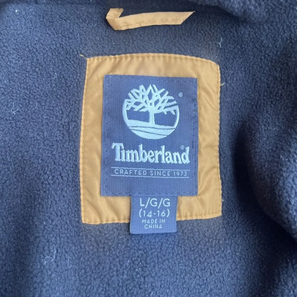 TIMBERLAND Boys Puffer Jacket Tan Hooded Winter Full Zipper Size Large (14-16)